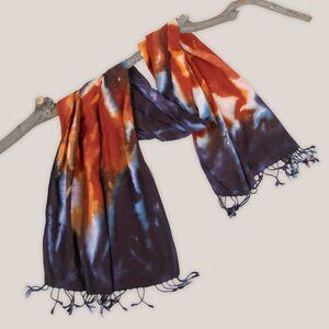 Alvina Tie Dye Scarf in Orange + Black Fringe Wrap by Akasha Sun Hand-Dyed